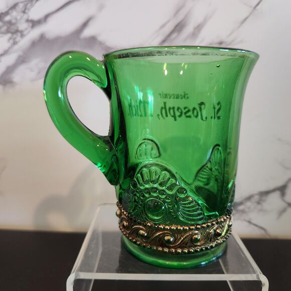 EAPG Antique Green Glass Mugs Colorado Lacy Medallion Gold Set 2 Souvenir MI OH - Picture 2 of 10